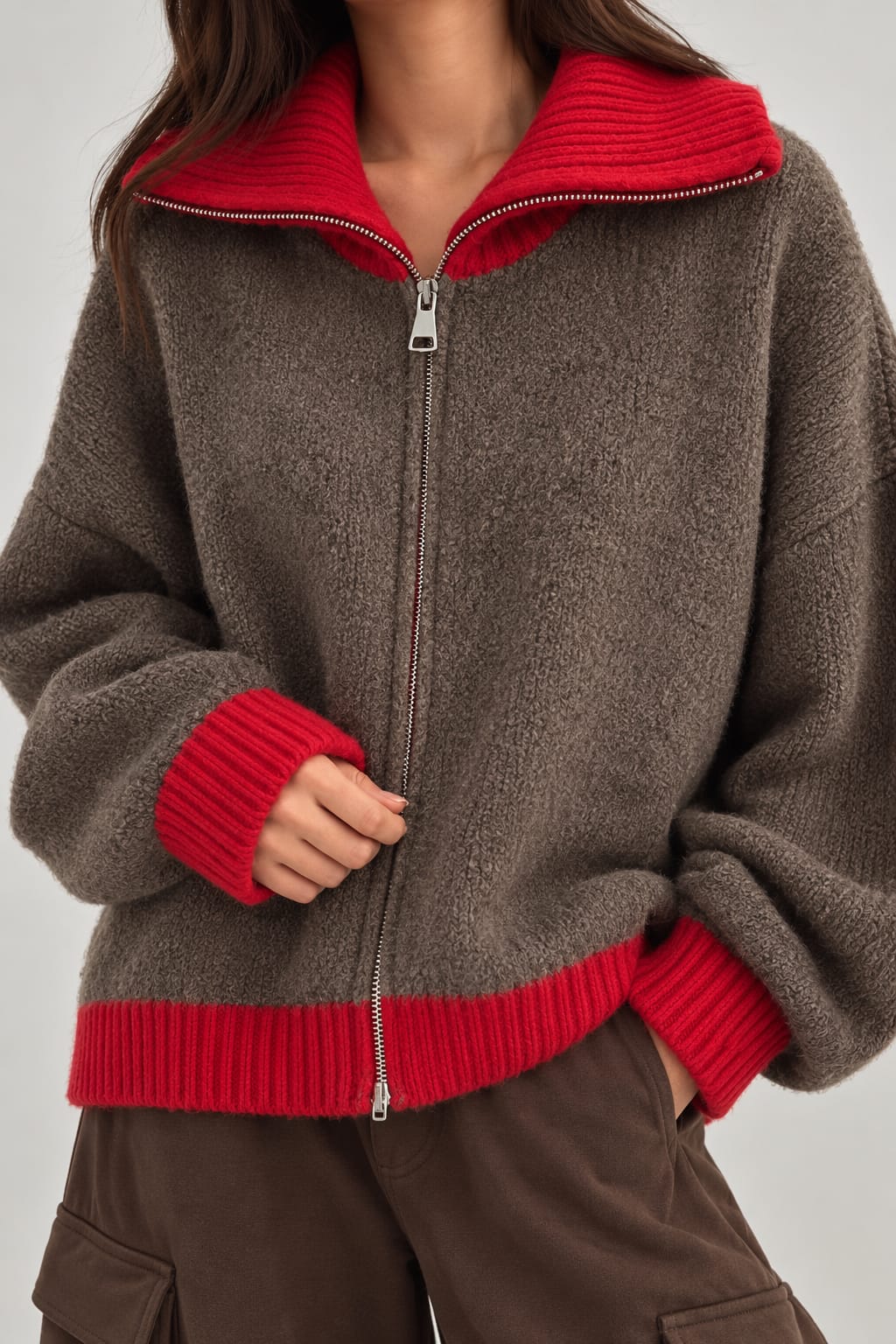 CARDIGAN 80361 EN MAILLE ZIPPÉ BICOLORE CHOCO