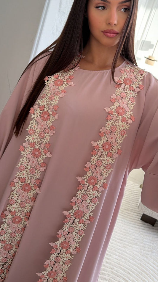 SAJYA PASTEL PINK FLORAL LACE ABAYA – UAE