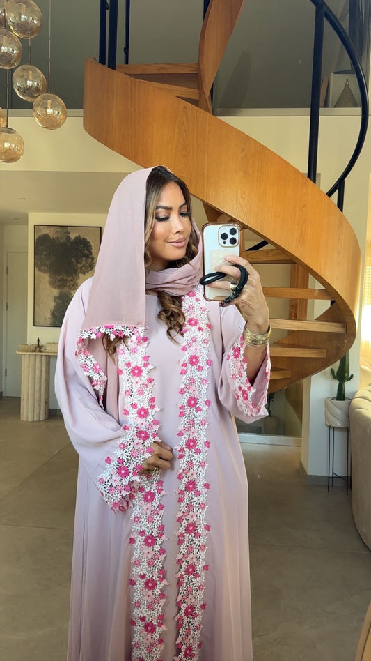 ABAYA SAJYA002 PINK FLORAL LACE – UAE