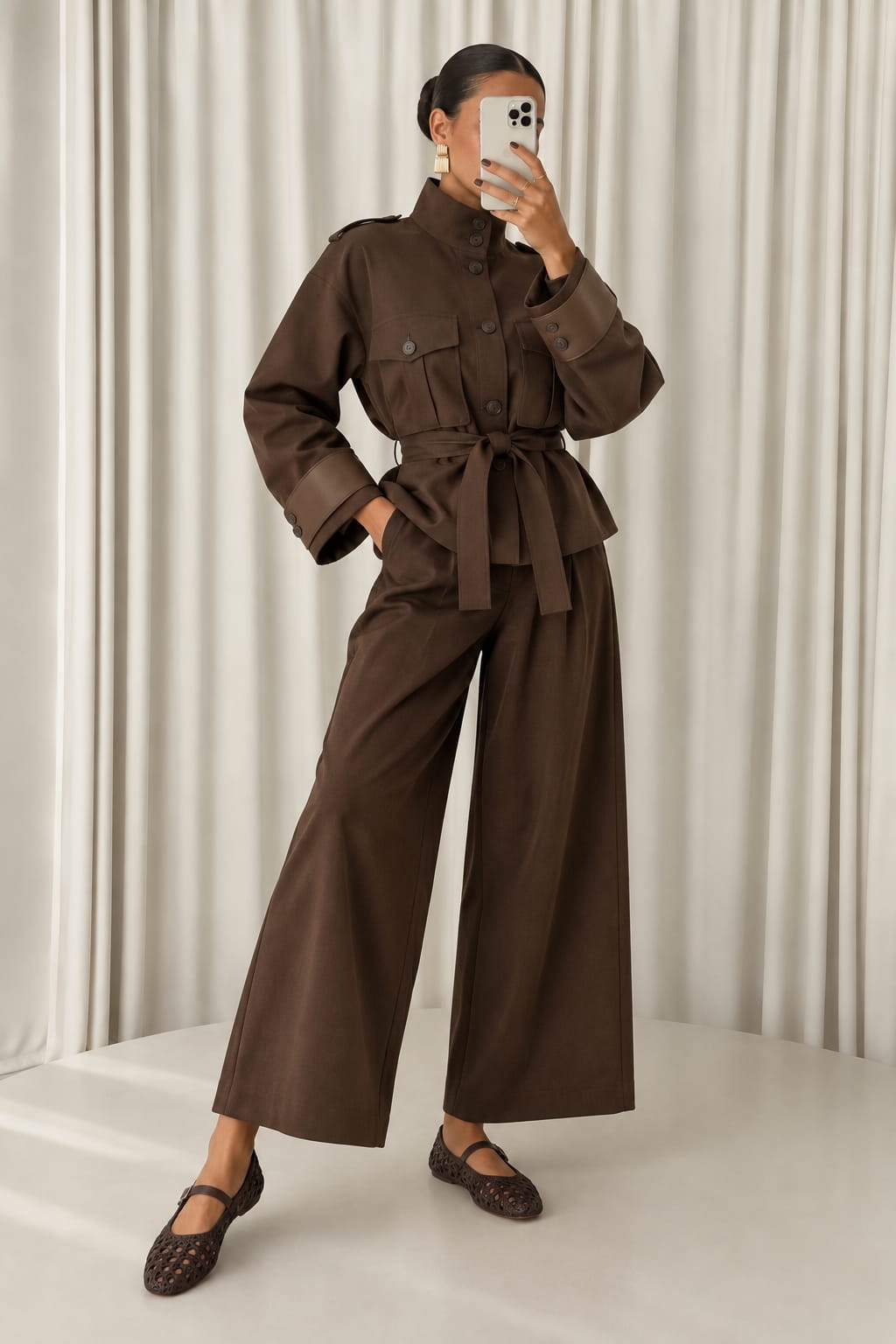 VESTE MARRON CHIC À CEINTURE WV058