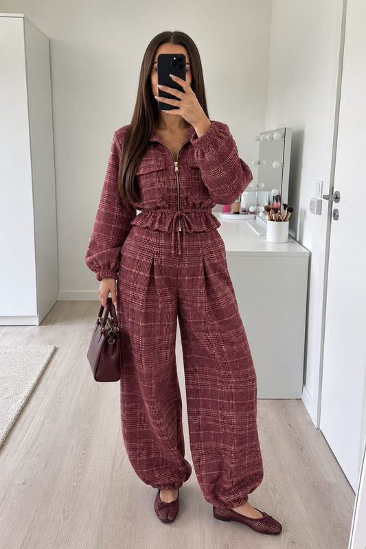 PANTALON 12719 FLUIDE ET MOTIF CARREAUX BORDEAUX