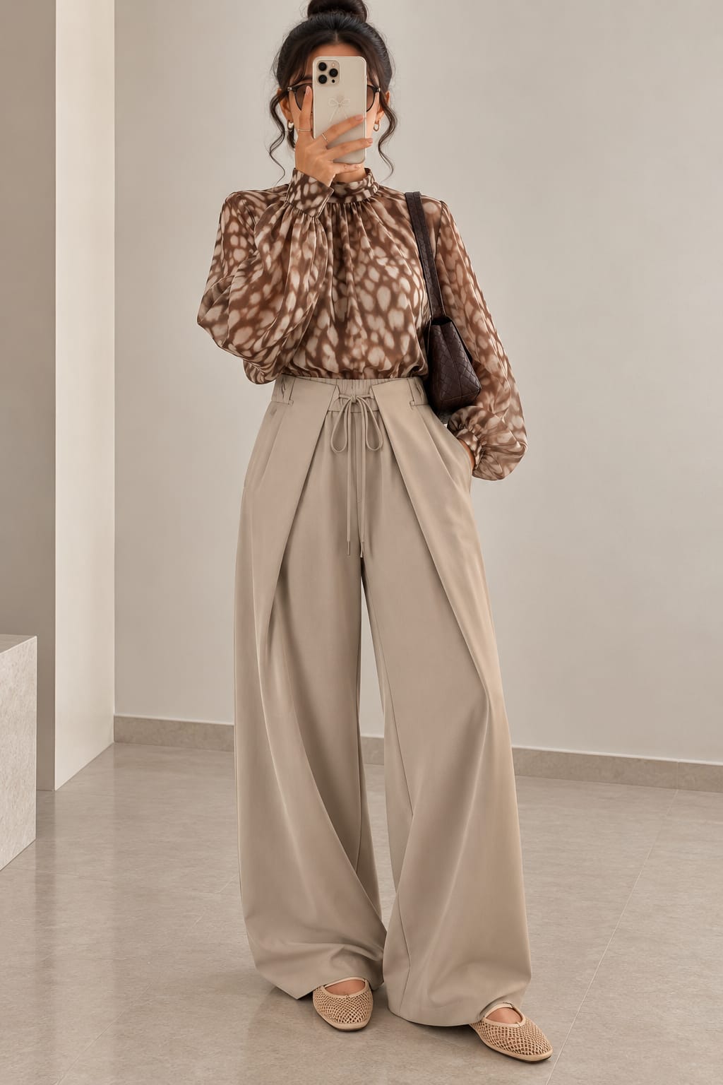 PANTALON 1163 PALAZZO BEIGE À TAILLE COULISSÉE