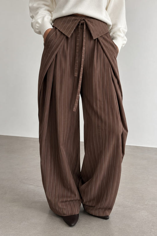 PANTALON 1086 PALAZZO CHOCOLAT À RAYURES FINES