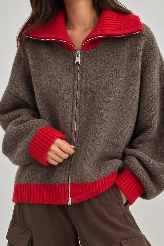 CARDIGAN 80361 EN MAILLE ZIPPÉ BICOLORE CHOCO