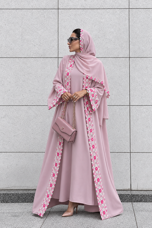ABAYA SAJYA002 ROSE DENTELLE FLEURIE – UAE