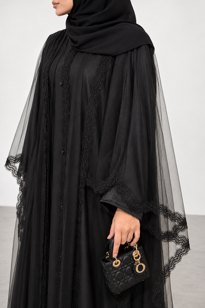 ABAYA CAPE MOUSSELINE NOIR DENTELLE AYRAH- UAE