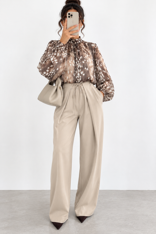 PANTALON 1163 PALAZZO BEIGE À TAILLE COULISSÉE