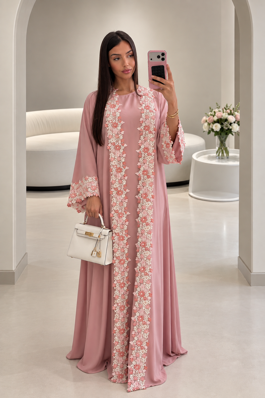 ABAYA SAJYA ROSE PASTEL DENTELLE FLEURIE – UAE