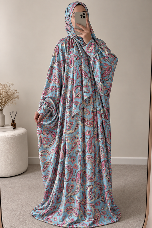 ABAYA ISDAL " SALAT" LUXE ARABESK BLEU CIEL