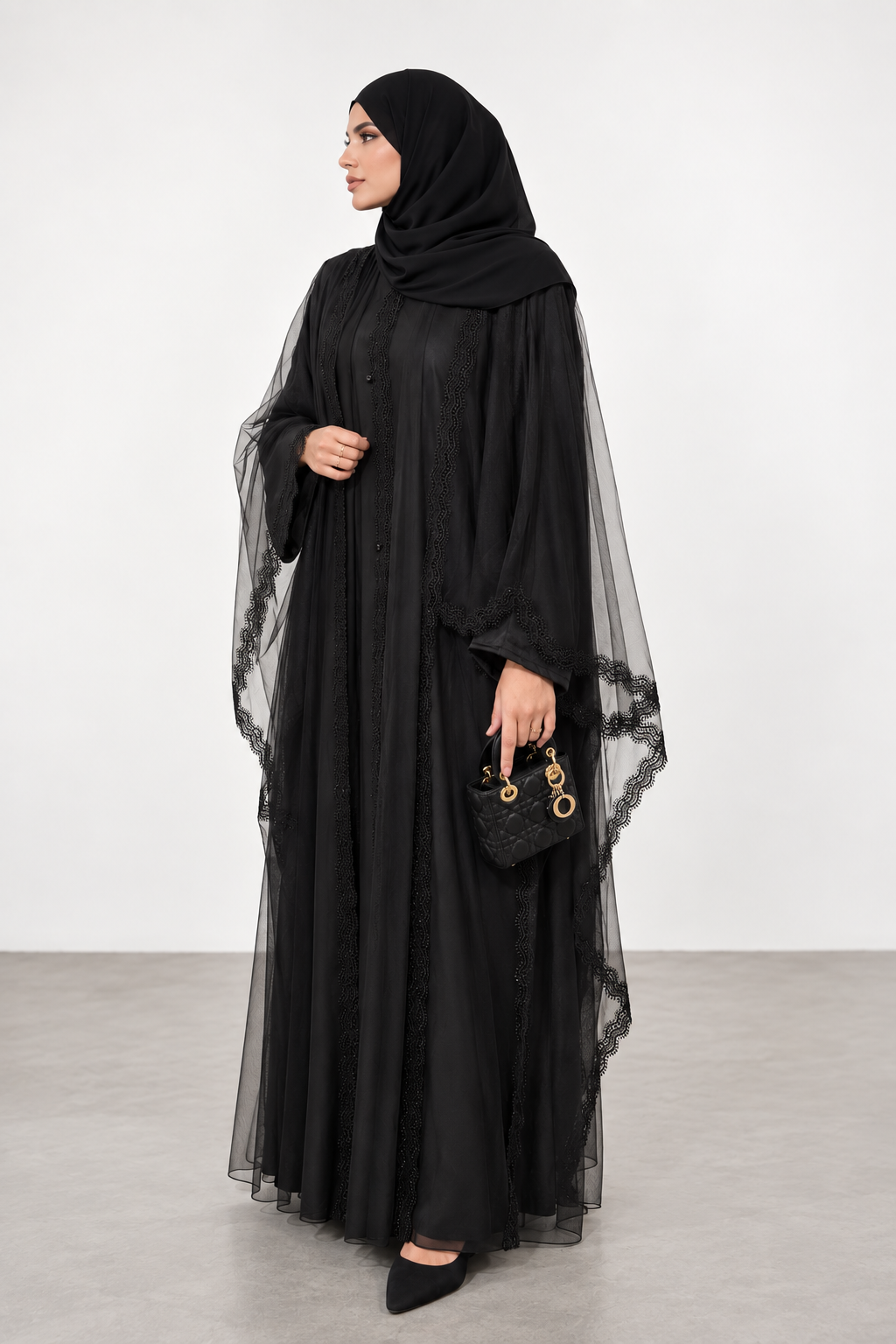 ABAYA CAPE MOUSSELINE NOIR DENTELLE AYRAH- UAE
