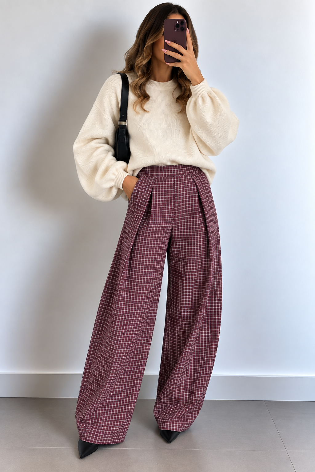 PANTALON À CARREAUX PRUNE FLUIDE 18221-1