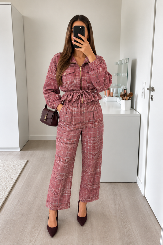 PANTALON 12719 FLUIDE ET MOTIF CARREAUX BORDEAUX